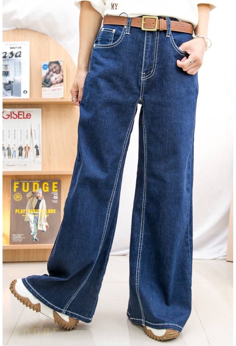 2215-1149 - 型格 -後腰橡根 ‧ 拼色車線 ‧ 牛仔喇叭褲 (韓國)